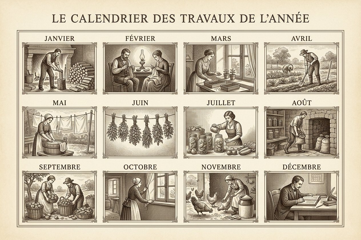 Planche gravée : le calendrier des travaux de l'année, les douze mois de la maison d'autrefois